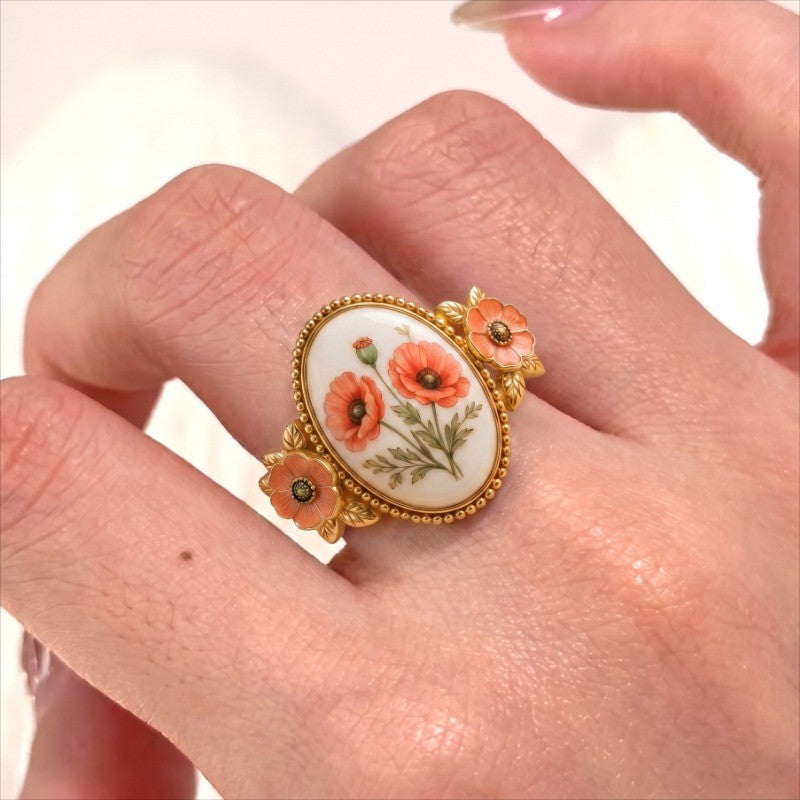 Romantic Floral Poppy Cameo Ring