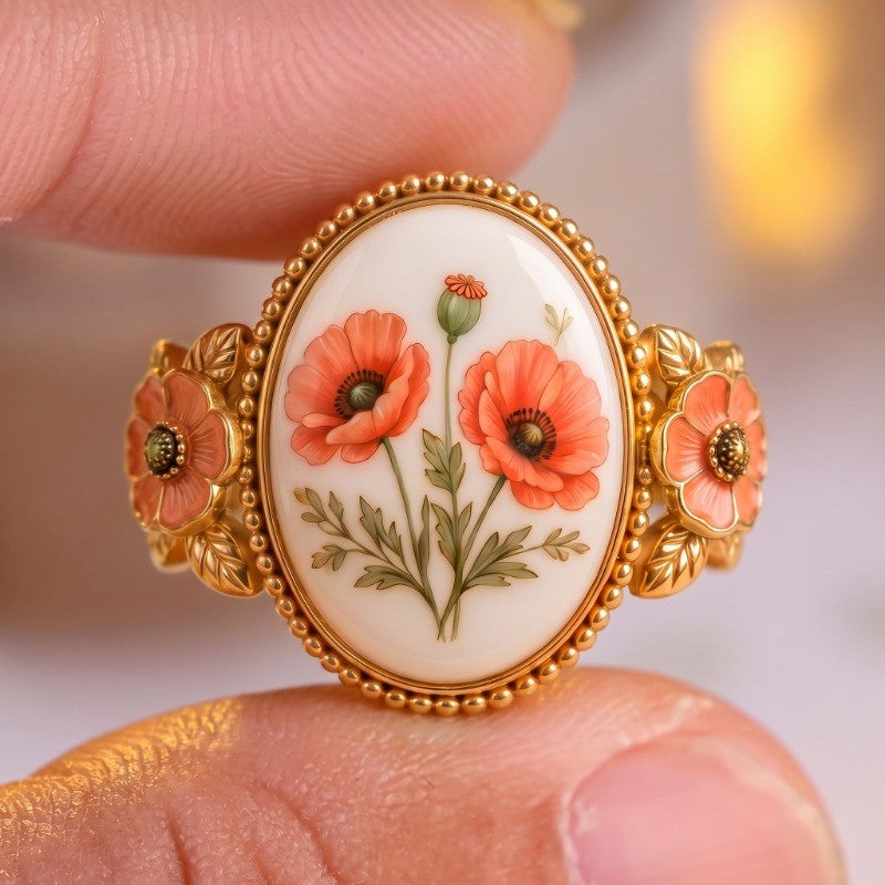 Romantic Floral Poppy Cameo Ring