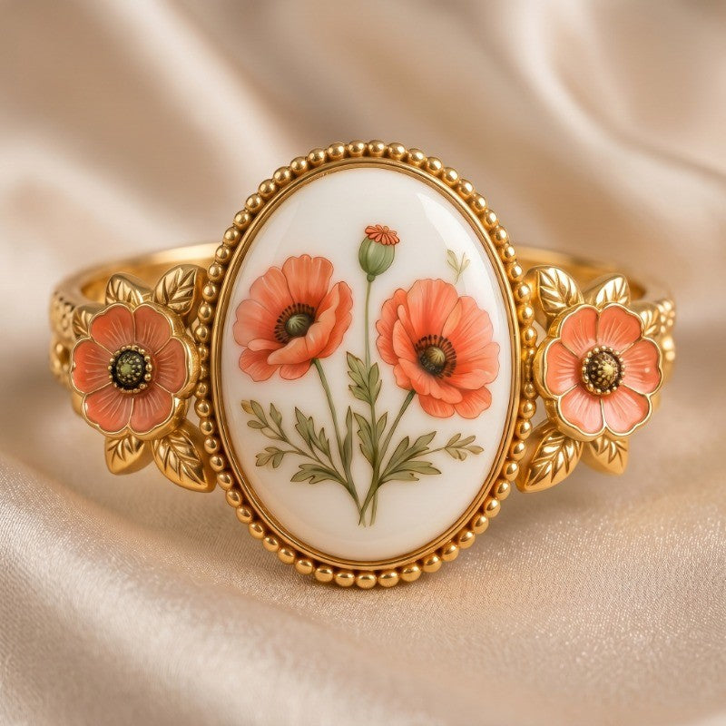 Romantic Floral Poppy Cameo Ring