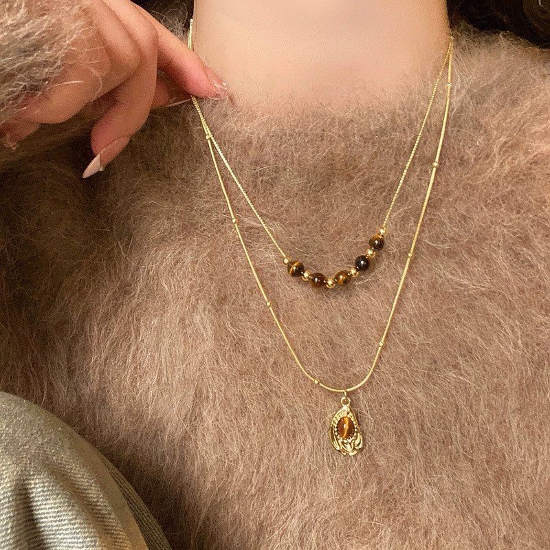 Vintage Amber Bead Layered Necklace Set