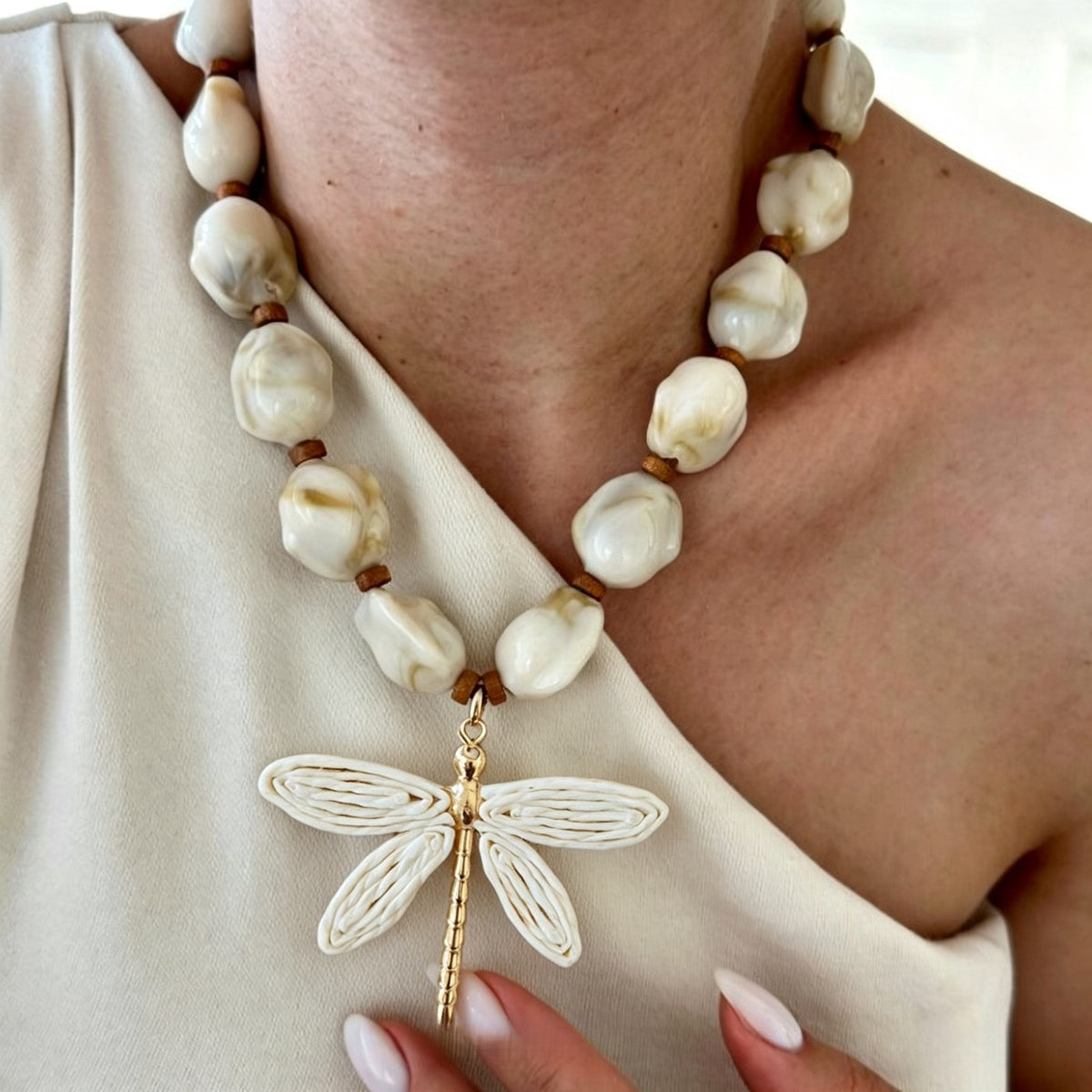 Boho Cream Resin Bead Dragonfly Necklace