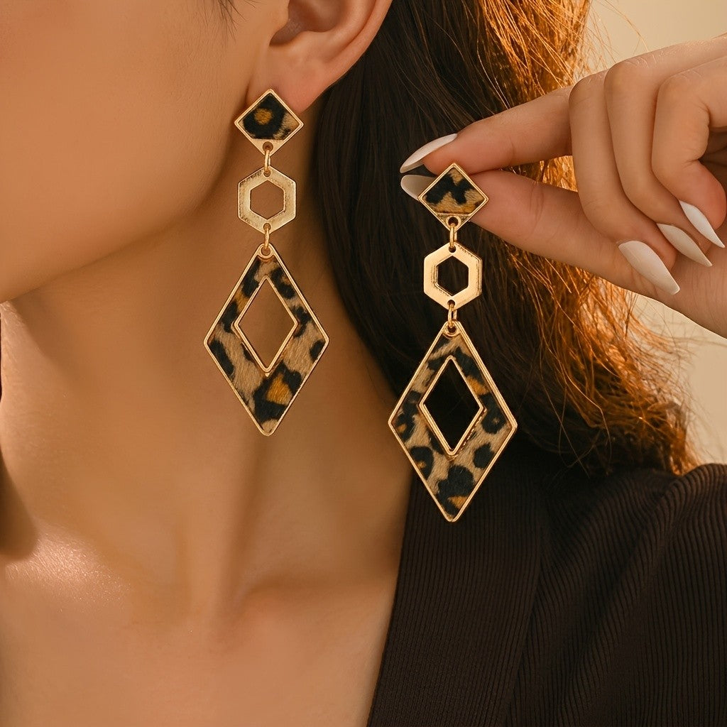 Leopard Print Geometric Hexagon Drop Earrings