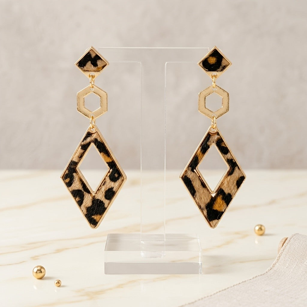 Leopard Print Geometric Hexagon Drop Earrings