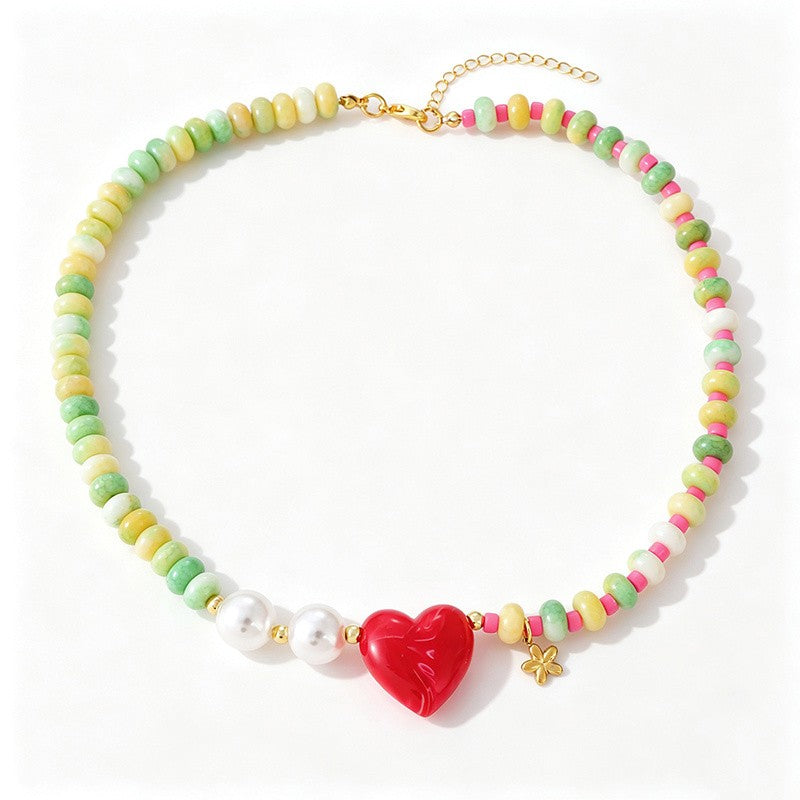 18k Layered Heart & Pearl Bead Necklace