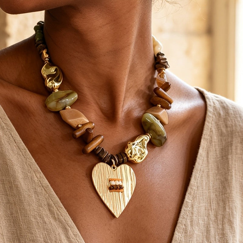 Boho Vintage Wood Heart Pendant Necklace