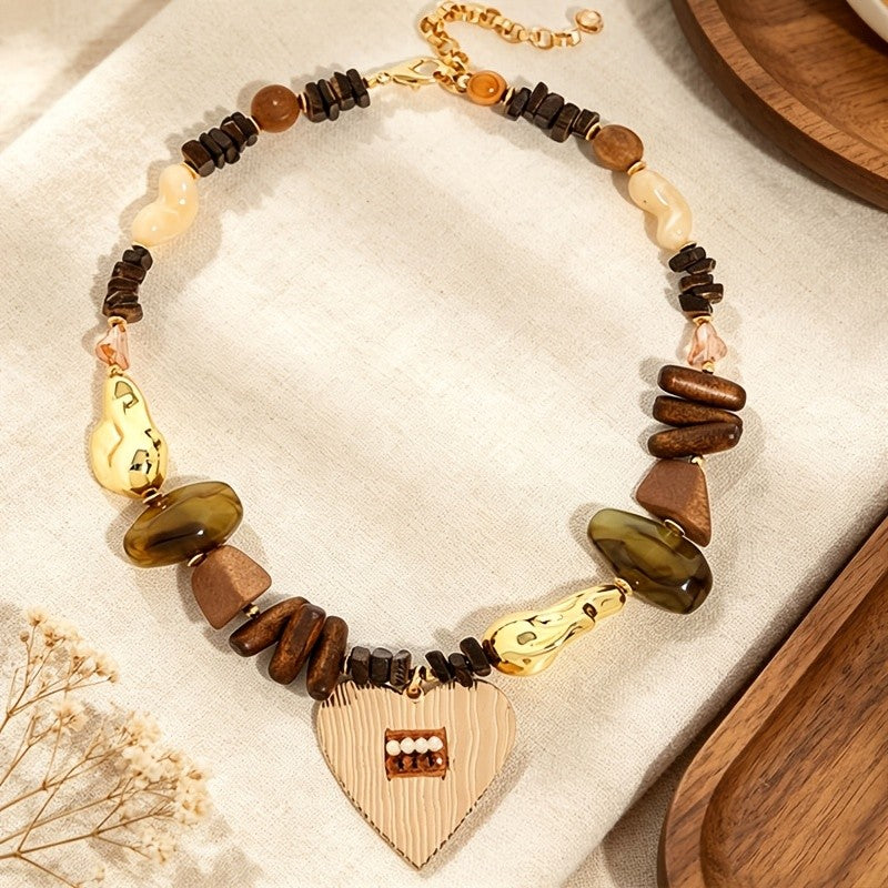 Boho Vintage Wood Heart Pendant Necklace