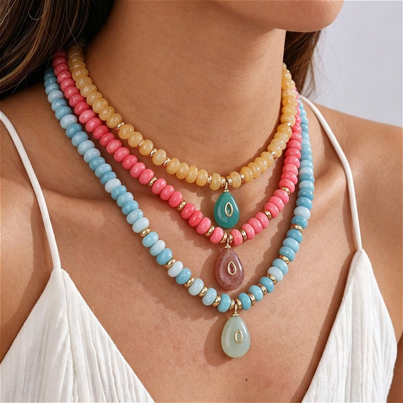 18k Boho Layered Natural Stone Water Drop Necklace