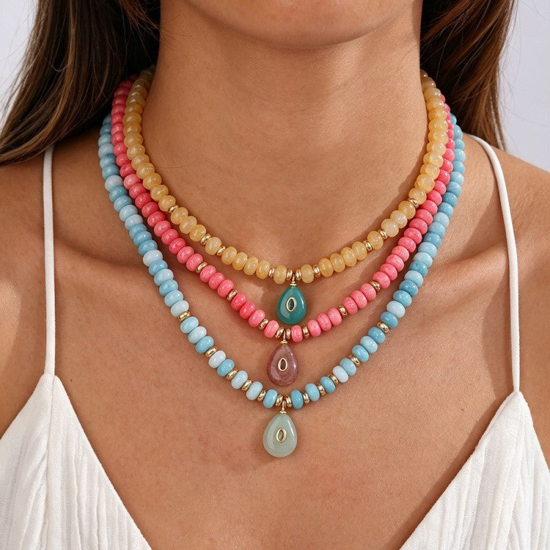 18k Boho Layered Natural Stone Water Drop Necklace