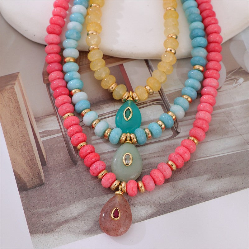 18k Boho Layered Natural Stone Water Drop Necklace