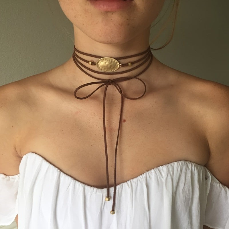 Boho Adjustable Oval Disc Wrap Choker Necklace