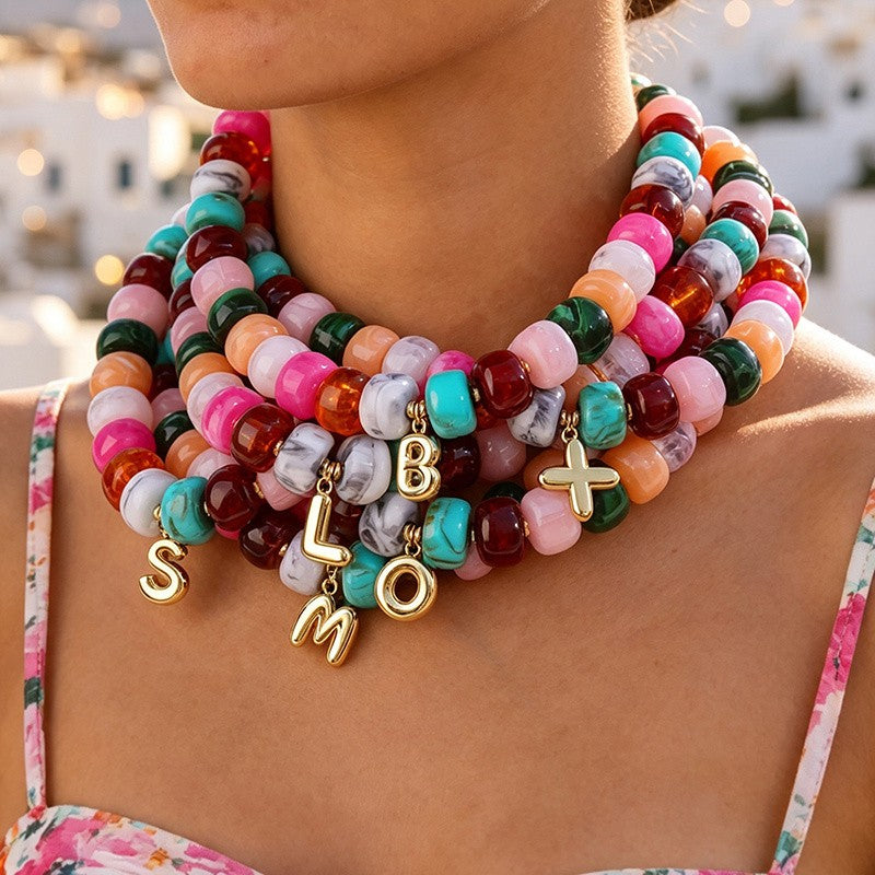 18k Boho Colorful Resin Bead Letter Necklace
