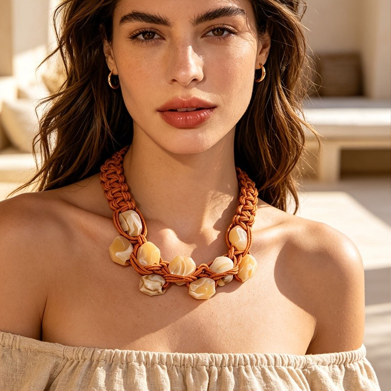Boho Woven Amber Resin Collar Necklace