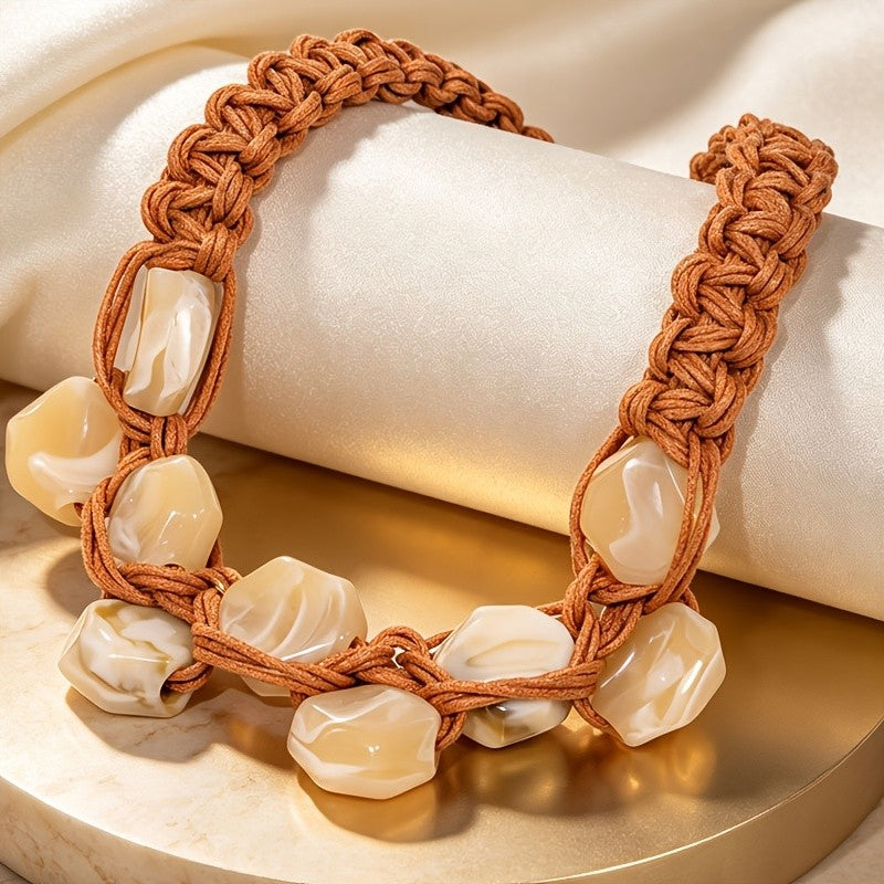 Boho Woven Amber Resin Collar Necklace