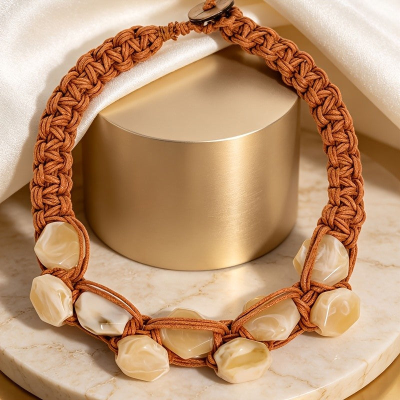 Boho Woven Amber Resin Collar Necklace