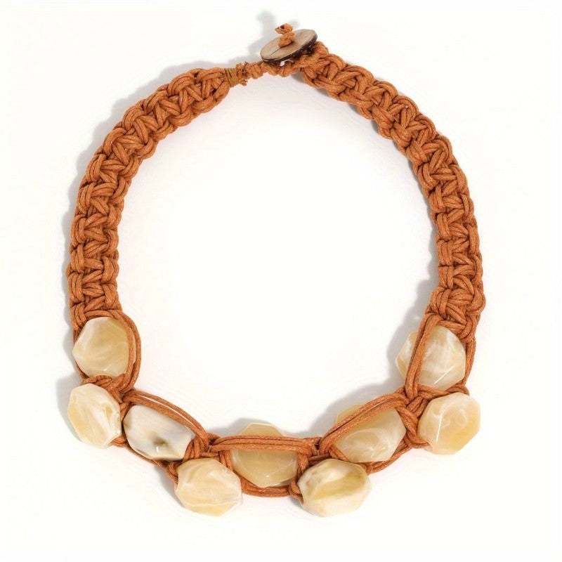 Boho Woven Amber Resin Collar Necklace