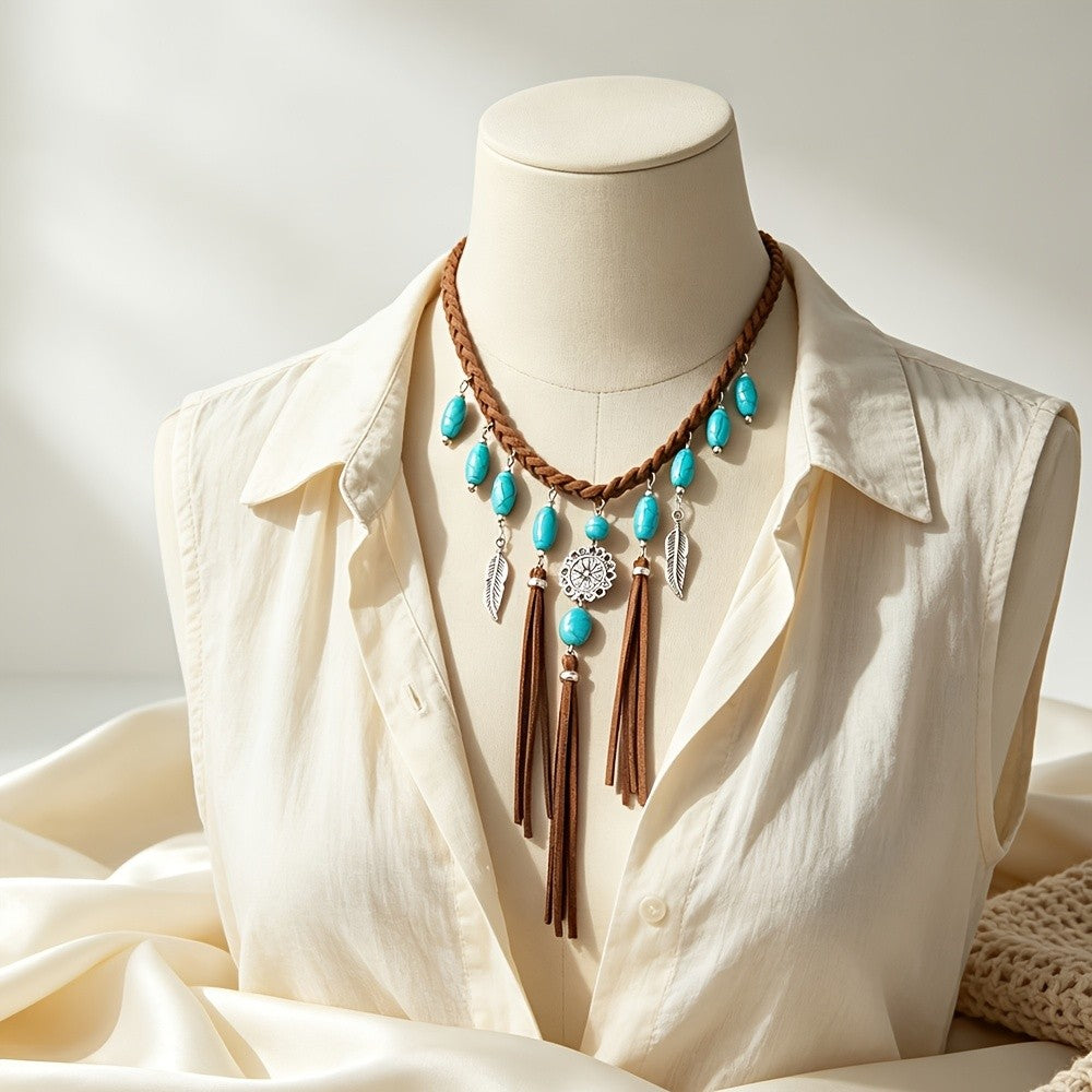 Boho Braided Turquoise Tassel Necklace