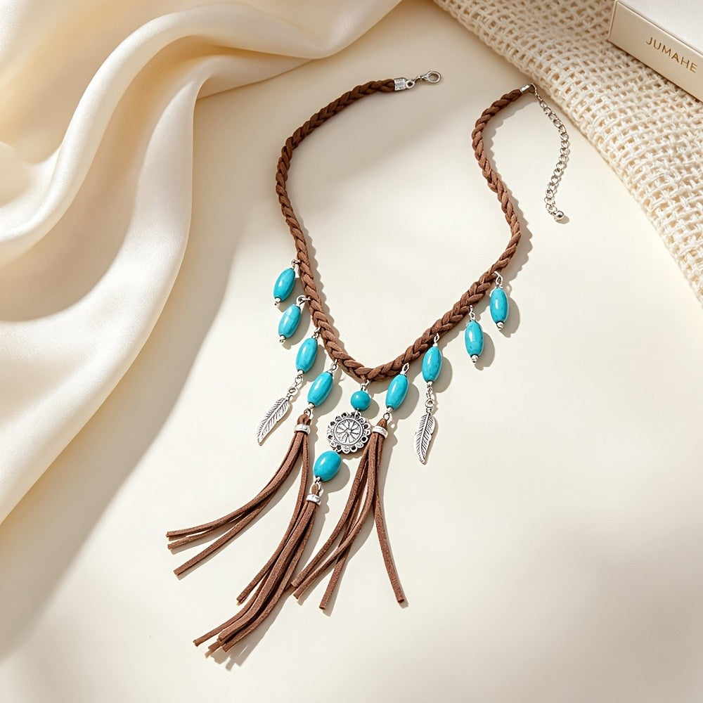 Boho Braided Turquoise Tassel Necklace