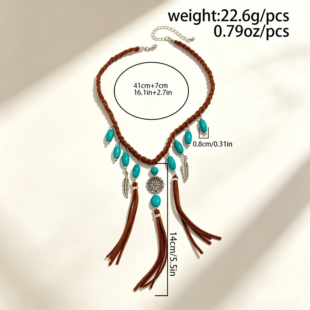 Boho Braided Turquoise Tassel Necklace