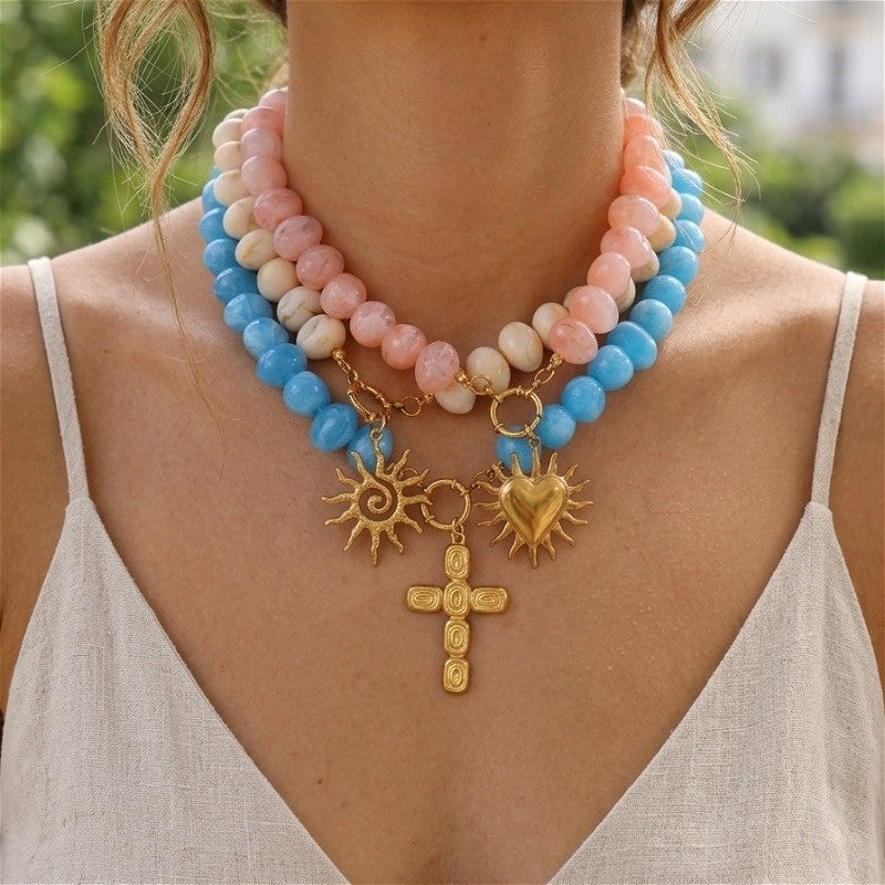 18k Boho Resin Beaded Sun Heart Cross Necklace