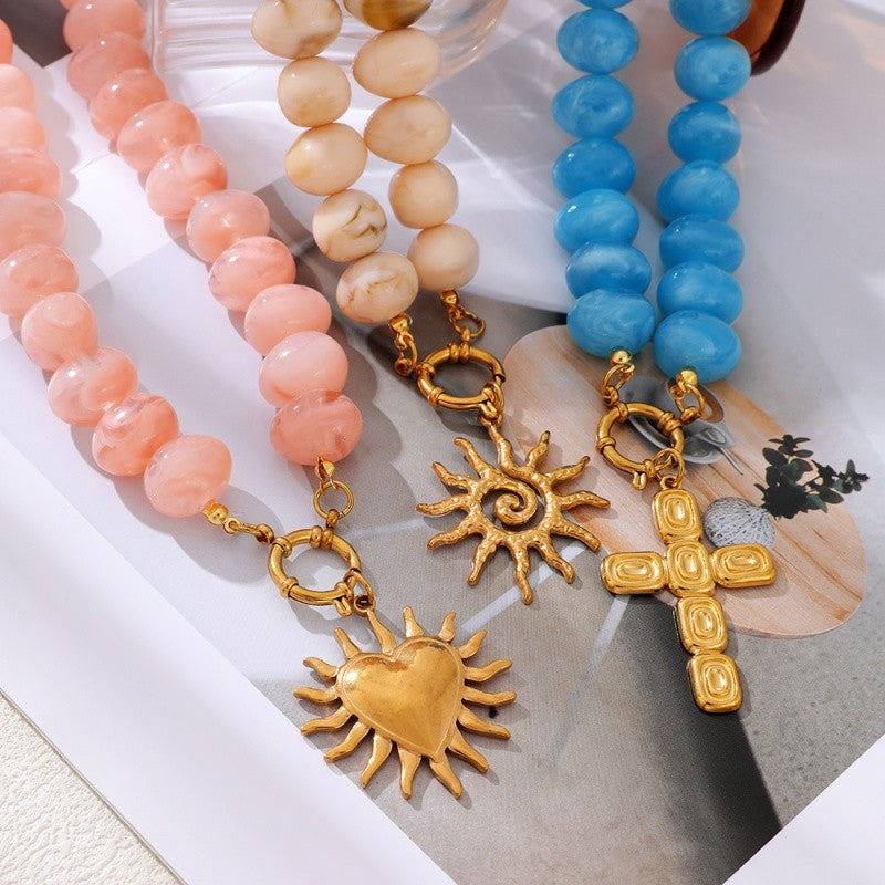 18k Boho Resin Beaded Sun Heart Cross Necklace