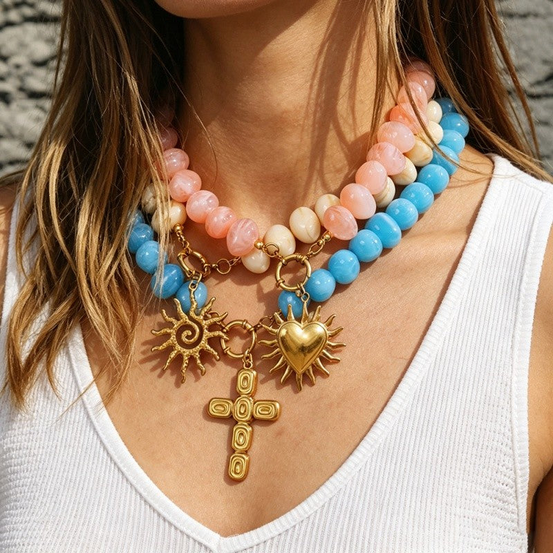 18k Boho Resin Beaded Sun Heart Cross Necklace