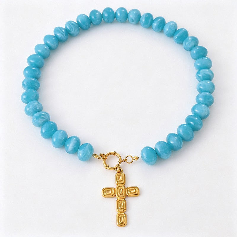 18k Boho Resin Beaded Sun Heart Cross Necklace