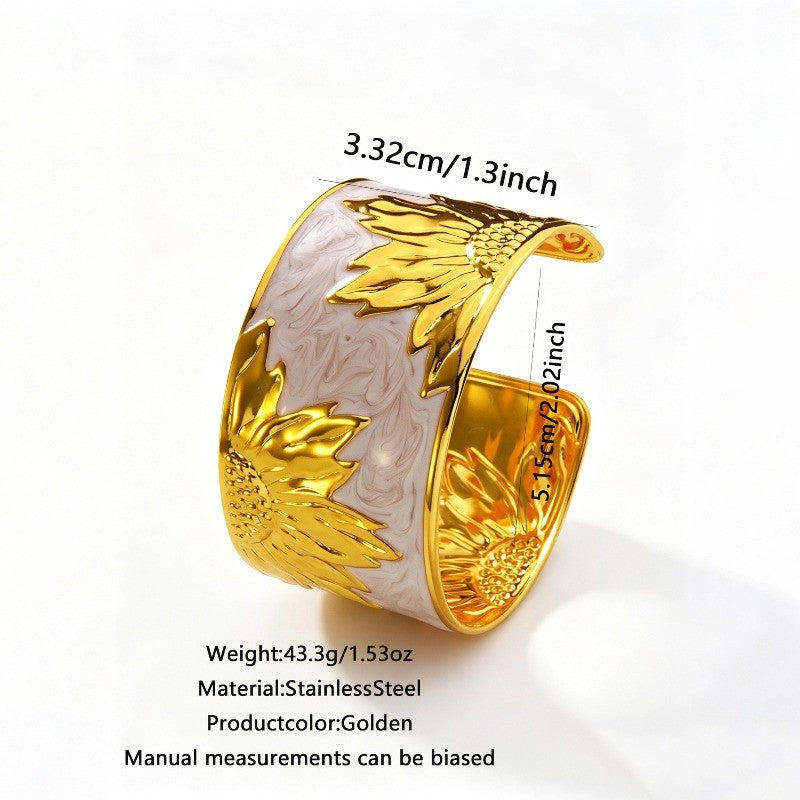 18k Boho Enamel Sunflower Open Cuff