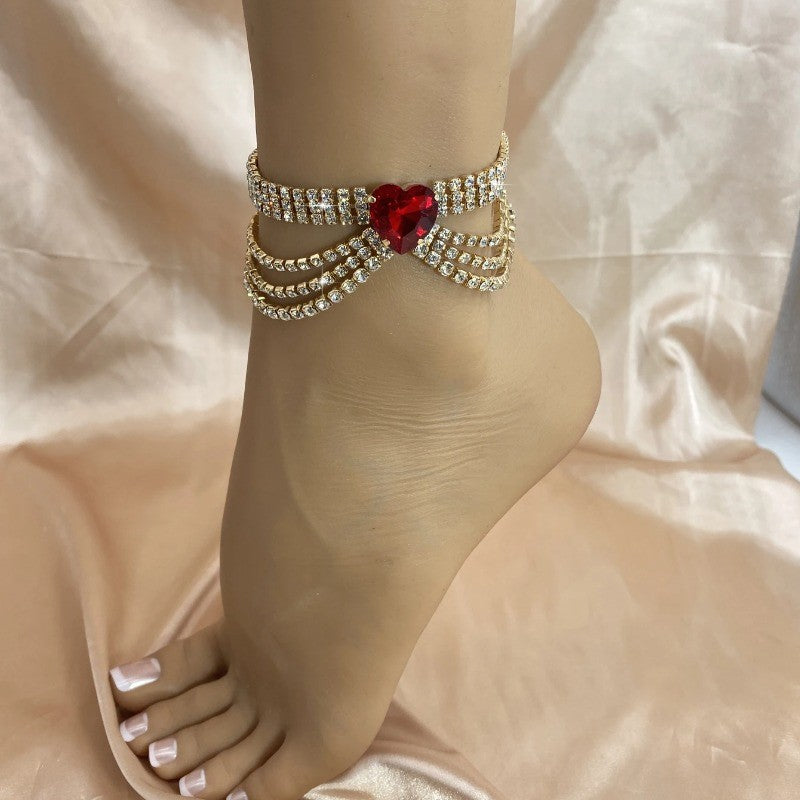 Romantic Red Heart Rhinestone Anklet