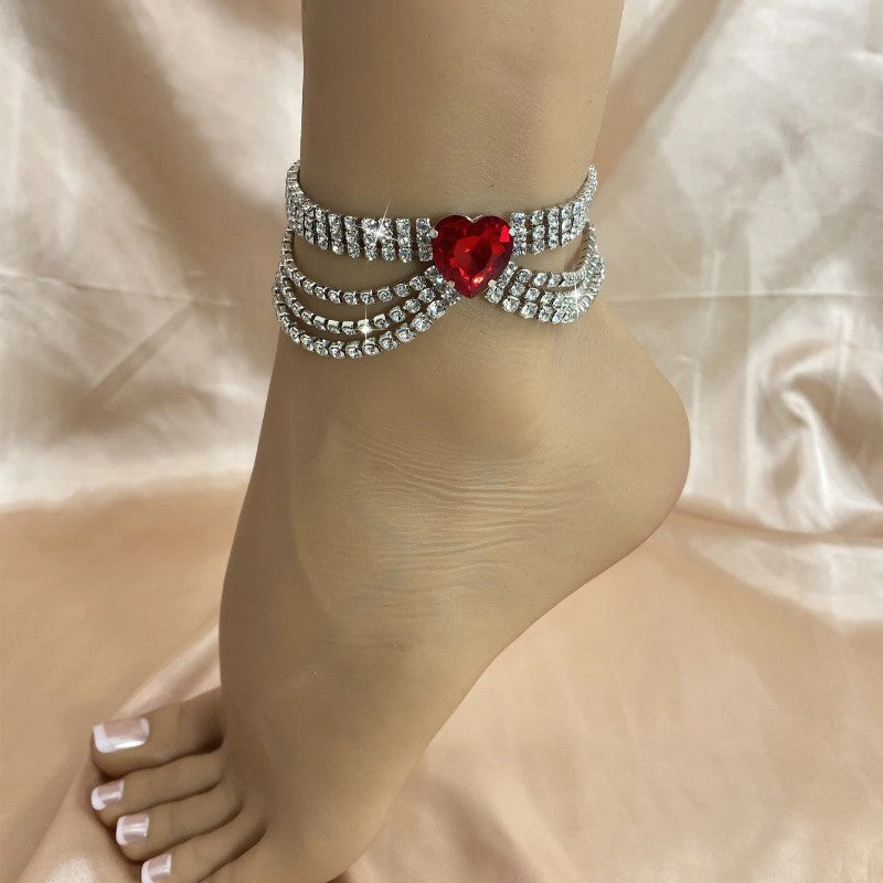 Romantic Red Heart Rhinestone Anklet
