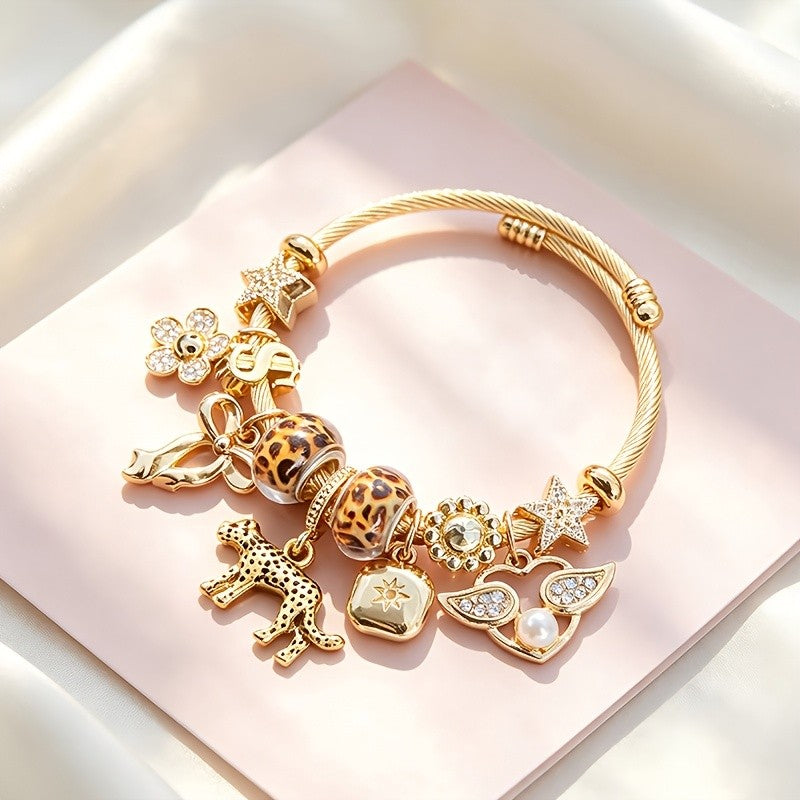 Boho Leopard Print Charm Bangle Bracelet