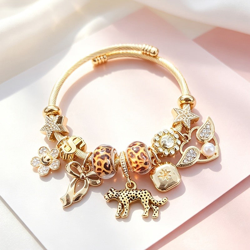 Boho Leopard Print Charm Bangle Bracelet