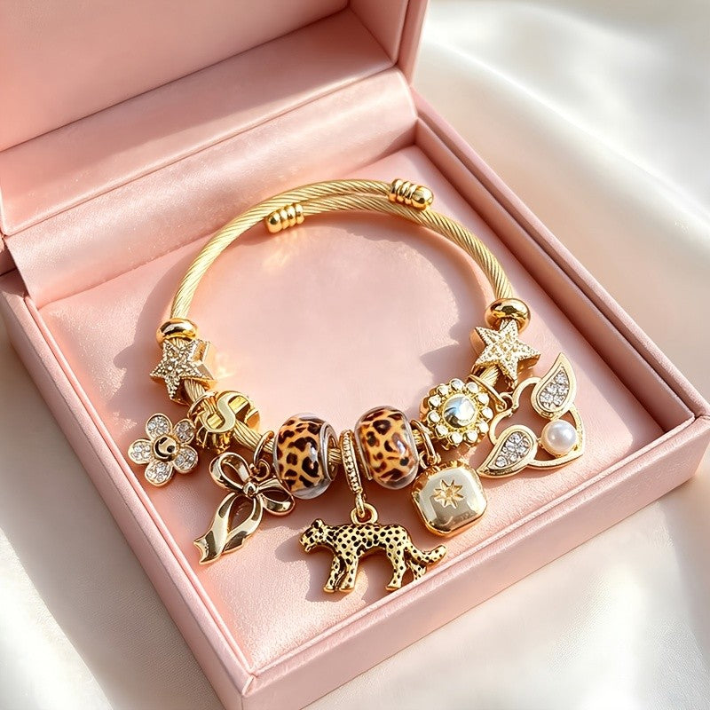Boho Leopard Print Charm Bangle Bracelet