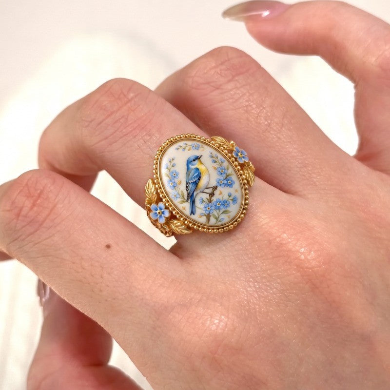 Romantic Floral Bird Cameo Ring