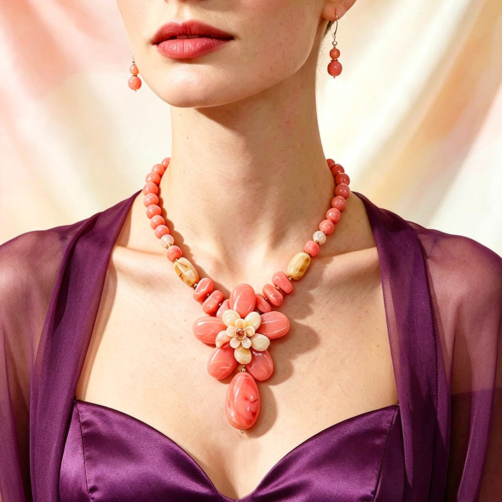 Romantic Pink Floral Acrylic Necklace & Earring Set