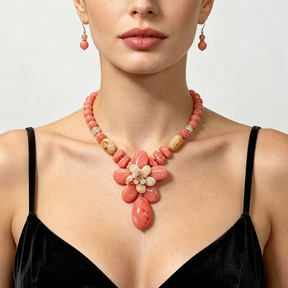 Romantic Pink Floral Acrylic Necklace & Earring Set