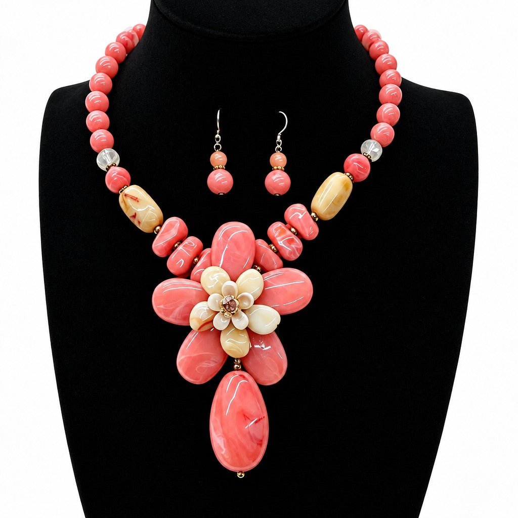 Romantic Pink Floral Acrylic Necklace & Earring Set