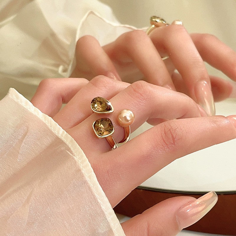 Boho Faux Pearl & Amber Zircon Ring