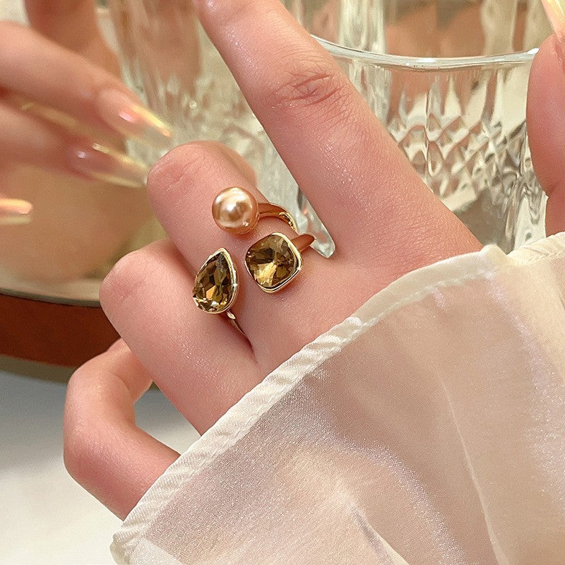 Boho Faux Pearl & Amber Zircon Ring