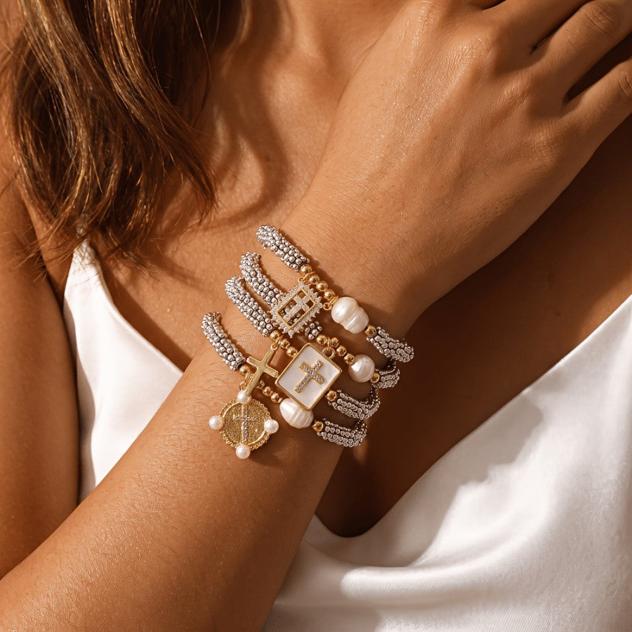Elegant Zircon Cross Pearl Bracelet