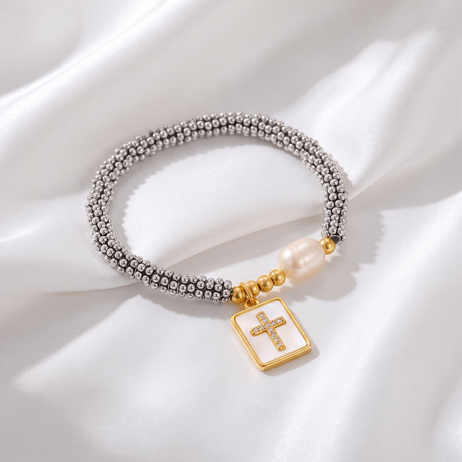 Elegant Zircon Cross Pearl Bracelet