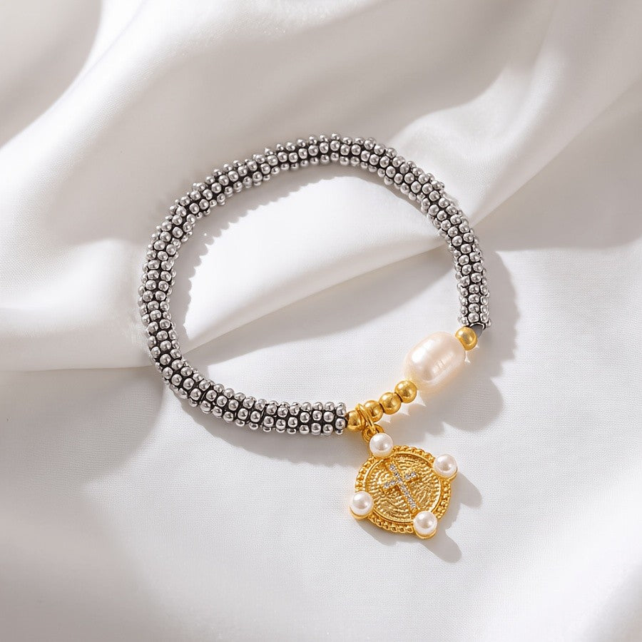 Elegant Zircon Cross Pearl Bracelet