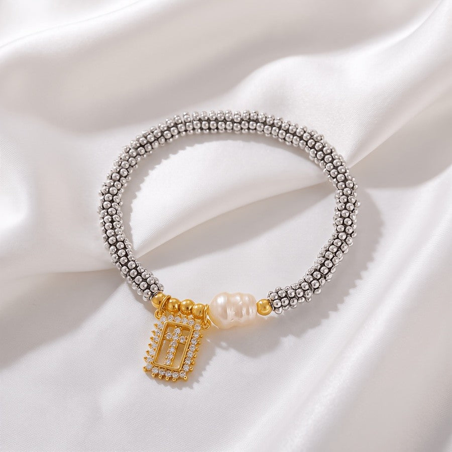 Elegant Zircon Cross Pearl Bracelet