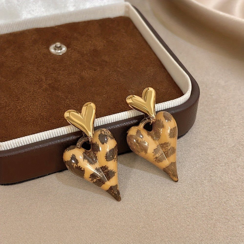 18k Leopard Print Heart Drop Earrings