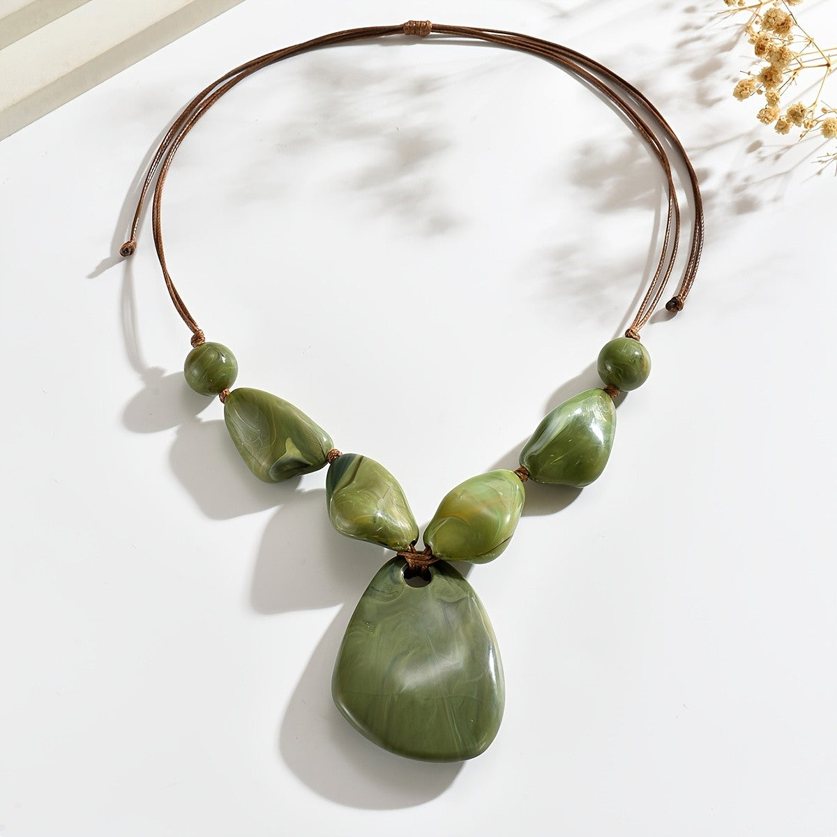 Boho Vintage Green Resin Pendant Necklace
