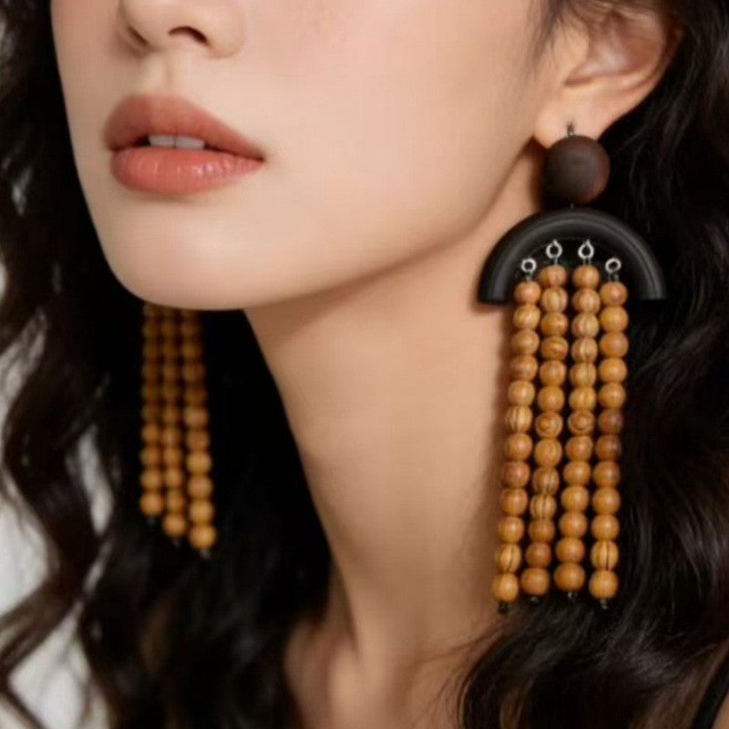 Boho Wooden Bead Tassel Earrings