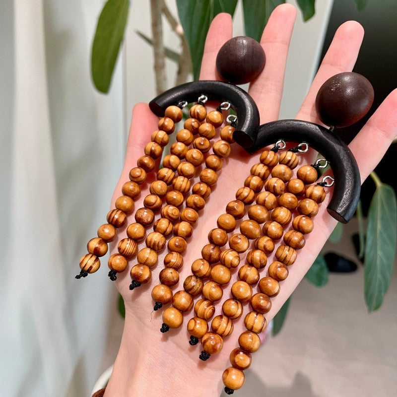 Boho Wooden Bead Tassel Earrings