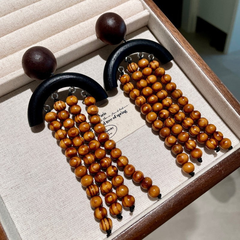 Boho Wooden Bead Tassel Earrings