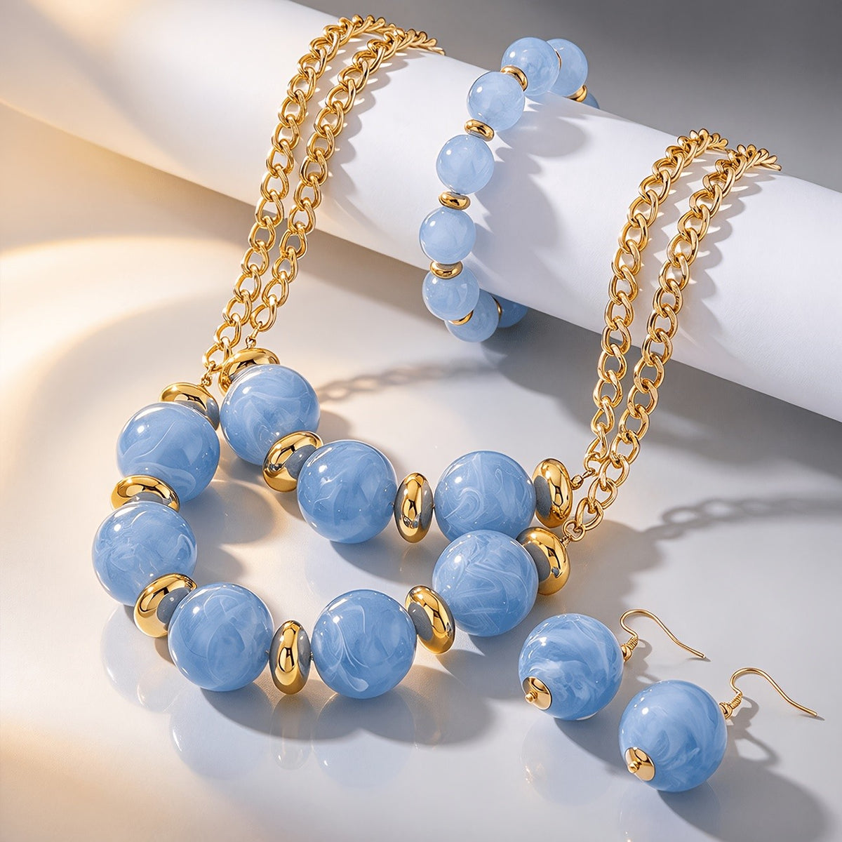 Boho Blue Marble Bead Necklace, Bracelet & Earring Set