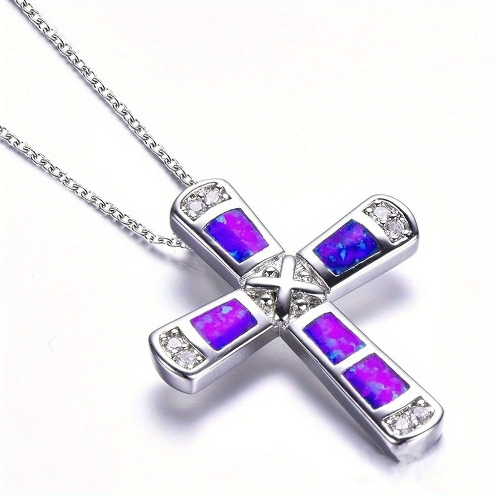 Dainty Opal Inlay Cross Necklace
