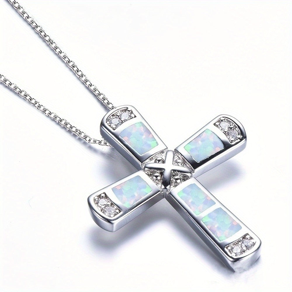 Dainty Opal Inlay Cross Necklace